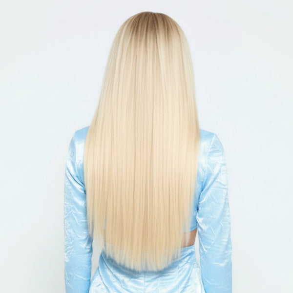 Back view of 20 inch luminescent light golden blonde clip-in hair extensions showing smooth, full length