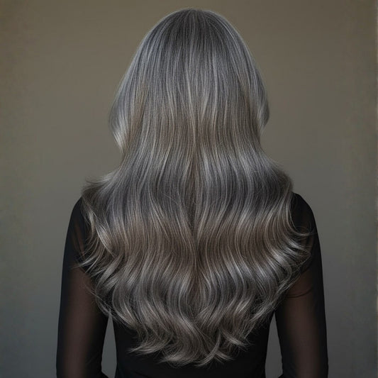 Back view of 16 inch salt and pepper clip-in hair extensions showing natural wave and dimensional gray blend