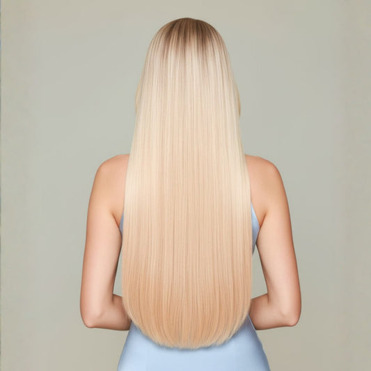 Back view of 20 inch Celestial Beach Blonde clip in hair extensions showing full length and density