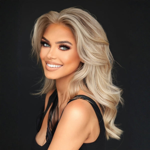 12 inch Celestial Beach Blonde clip in hair extensions styled with volume and layered blend