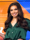 Miss USA 2023 Noelia Voigt wearing 16-inch Decadent Chocolate Brown clip-in hair extensions from Seventh Heaven, showcasing rich, voluminous waves and natural shine.