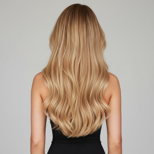 Back view of 16 inch Mystical Mixed Golden Blonde clip-in hair extensions showing natural blend and fullness
