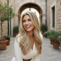 Lifestyle photo of Mystical Mixed Golden Blonde clip-in hair extensions styled for an elegant everyday look