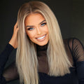 Model wearing 12 inch Rooted Creamy Beach Blonde clip-in hair extensions for a natural shoulder-length style