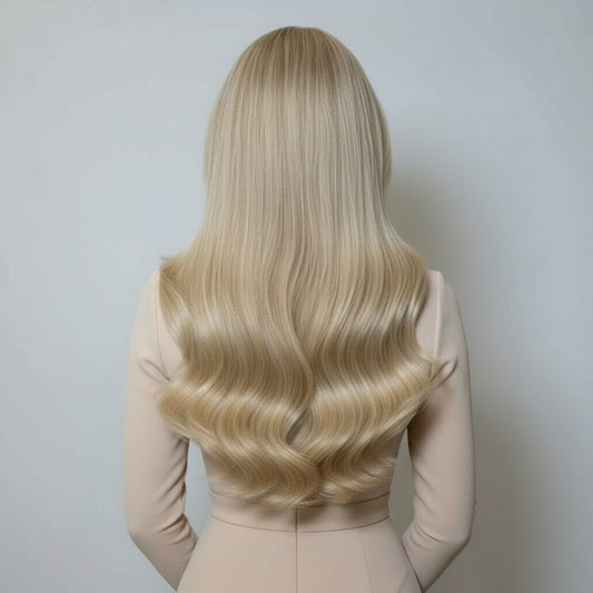 Back view of 20 inch Rooted Creamy Beach Blonde clip-in hair extensions showing full length and smooth blend