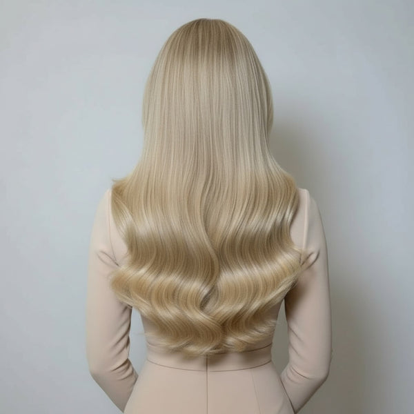 Back view of 20 inch Rooted Creamy Beach Blonde clip-in hair extensions showing full length and smooth blend
