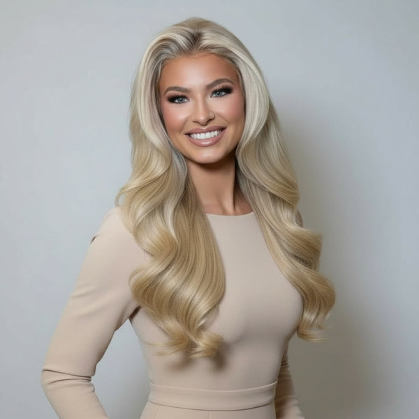 Model wearing 20 inch Rooted Creamy Beach Blonde clip-in hair extensions with long blended waves