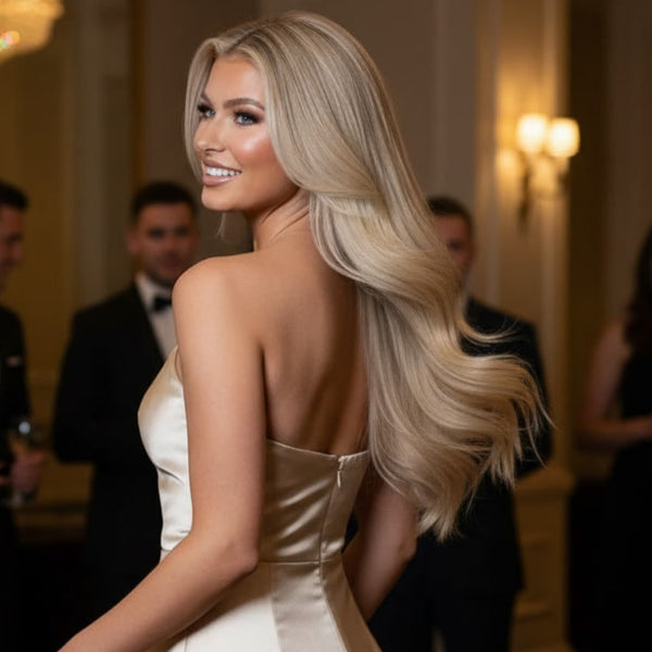 Lifestyle photo of Rooted Creamy Beach Blonde clip-in hair extensions styled for an elegant event look