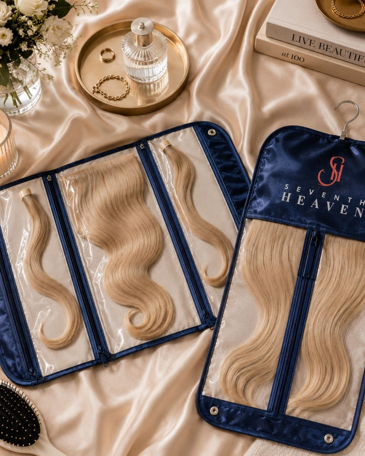 Luxury satin hair extension storage bag designed to protect clip-in hair extensions from tangling, friction, and damage during storage.