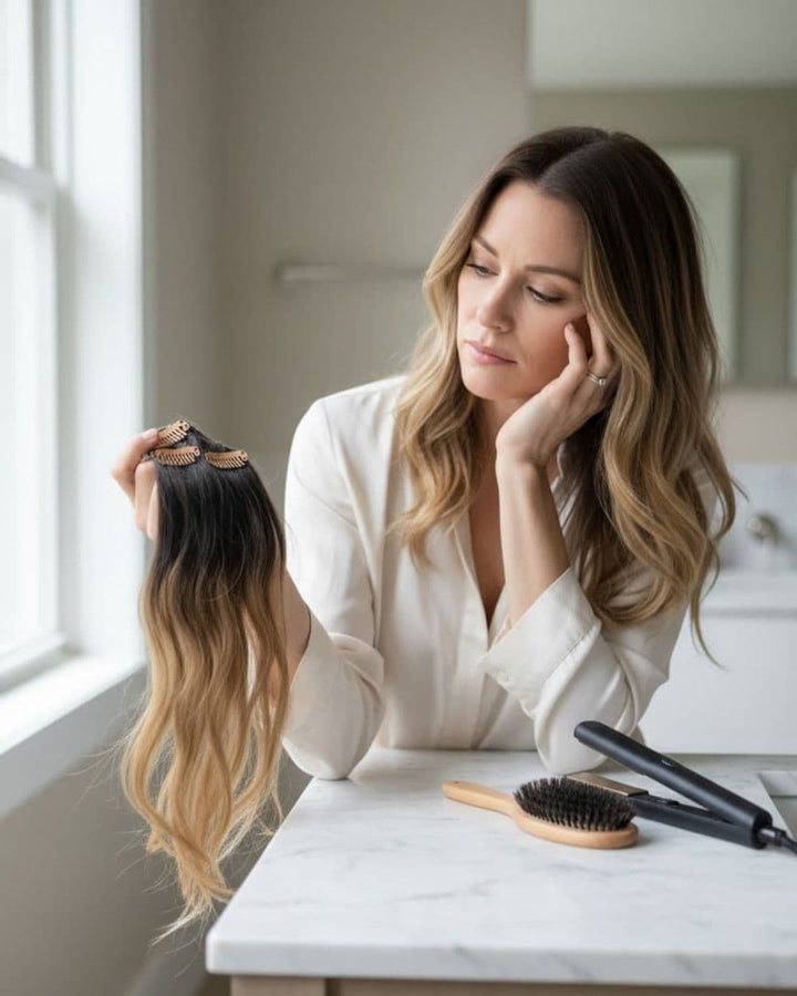 Woman examining clip-in hair extensions with concern, illustrating the disappointment and hidden cost of cheap hair extensions over time