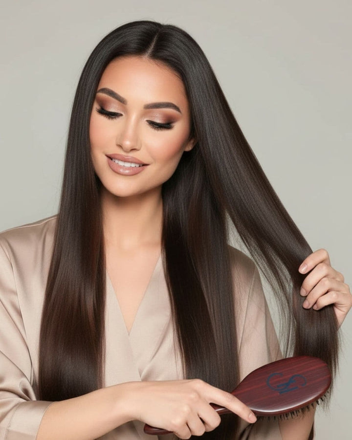 Woman gently brushing long clip-in hair extensions with a hair extension brush, demonstrating proper extension care and maintenance to keep hair soft, smooth, and long-lasting.