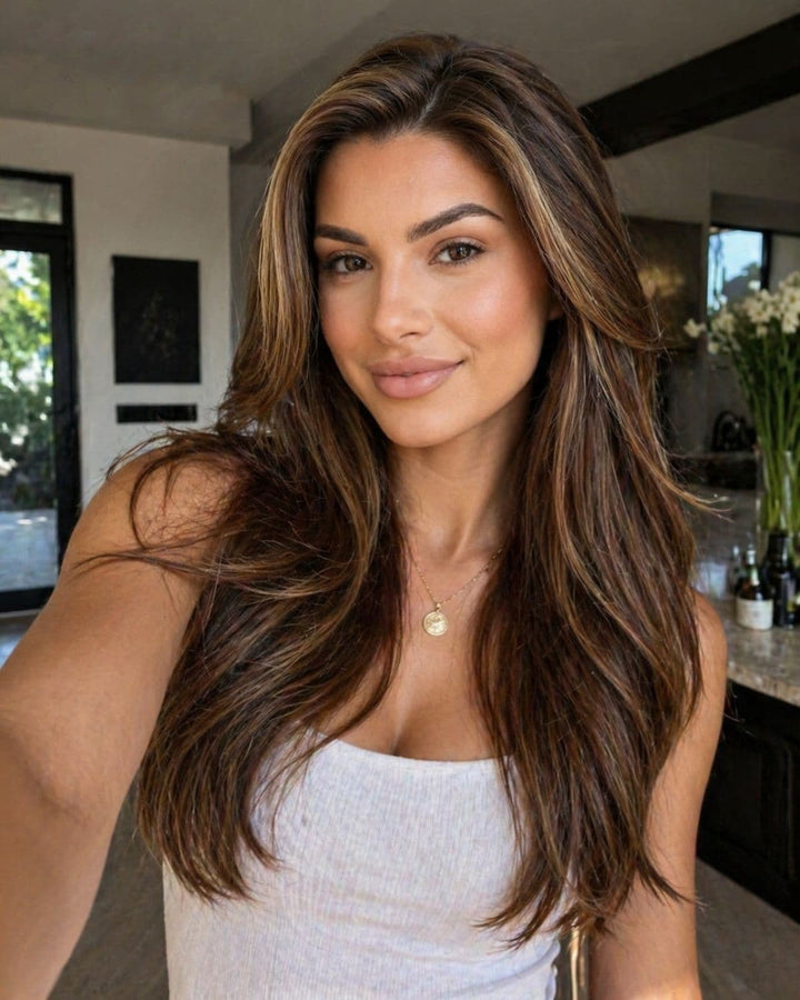 Woman with naturally blended clip-in hair extensions showing seamless color matching and soft dimensional brunette hair