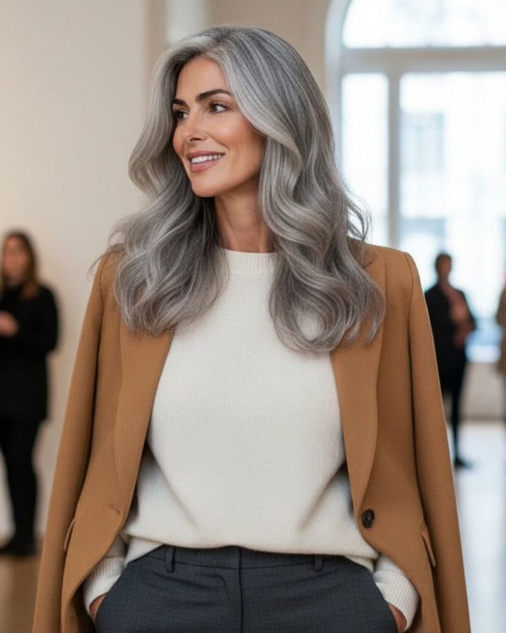 Woman with mid-length salt and pepper hair wearing clip-in extensions at a museum, showing natural blend and volume