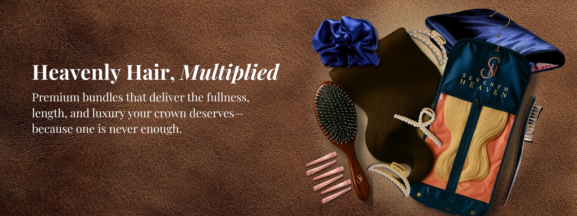 Seventh Heaven banner showing full premium bundle with clip-in extensions, accessories, and styling tools. Heavenly hair, multiplied for unmatched luxury.