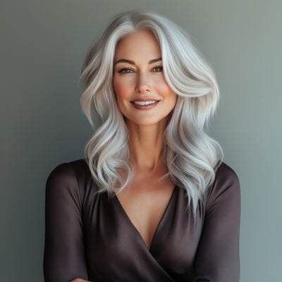 Model wearing 12 inch icy salt and pepper clip-in hair extensions for subtle volume and length