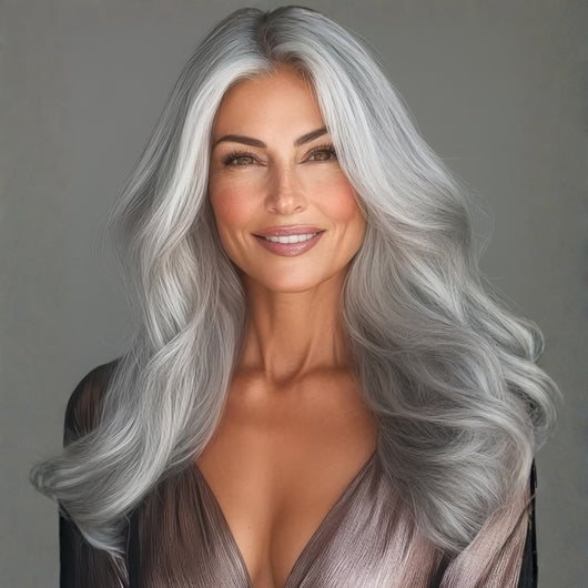 Model wearing 16 inch icy salt and pepper clip-in hair extensions styled in loose waves