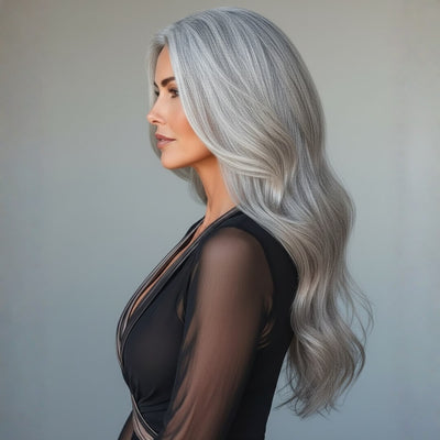 Side profile of model wearing 20 inch icy salt and pepper clip-in hair extensions