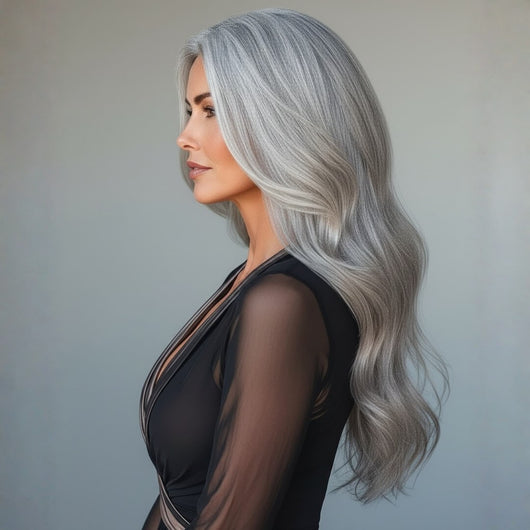 Side profile of model wearing 20 inch icy salt and pepper clip-in hair extensions