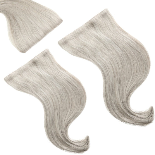 20 inch mini set of icy salt and pepper clip-in hair extensions designed for length and fullness