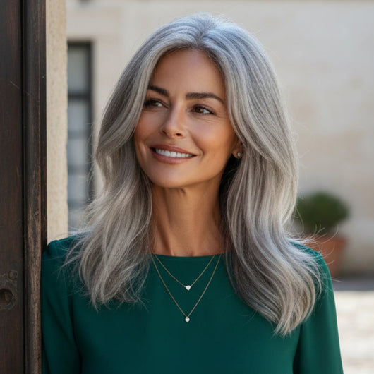 Model wearing 12 inch Sacred Salt & Pepper clip-in hair extensions with subtle volume and natural gray tones