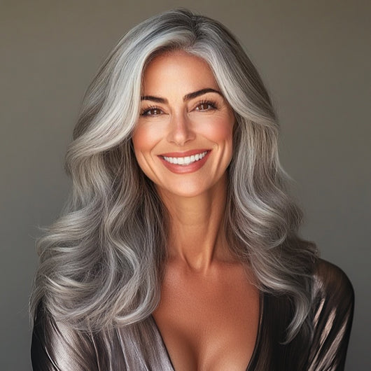 Model wearing 16 inch Sacred Salt & Pepper clip-in hair extensions with blended silver and charcoal tones