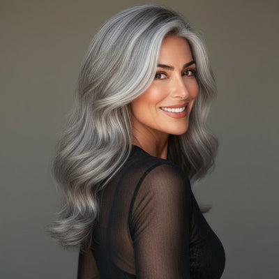 Three-quarter angle of 16 inch salt and pepper clip-in hair extensions blending seamlessly with natural gray hair