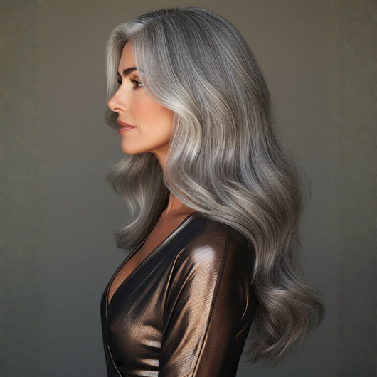 Side profile of model wearing 16 inch Sacred Salt & Pepper clip-in hair extensions with soft layered movement