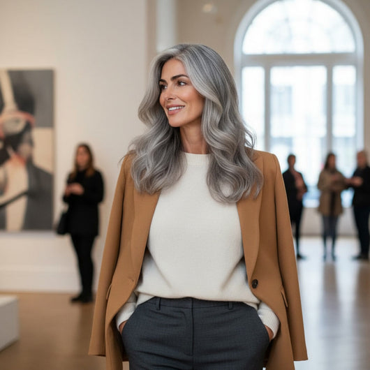 Lifestyle image of woman wearing Sacred Salt & Pepper clip-in hair extensions styled for everyday elegance