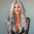 Model wearing Salt and Pepper full cuticle clip-in hair extensions for natural gray hair look