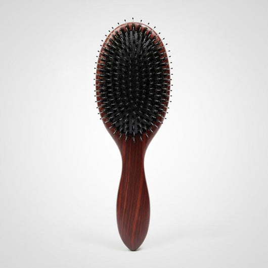 Front view of 7th Heaven luxury hair extensions brush with wooden handle and extension-safe bristles
