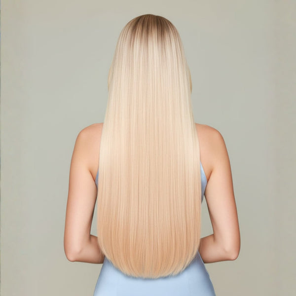Back view of 20 inch Celestial Beach Blonde clip in hair extensions showing full length and density