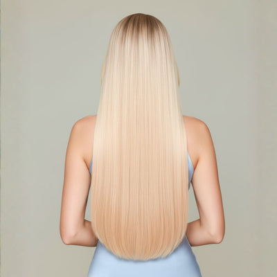 Back view of 20 inch Celestial Beach Blonde clip in hair extensions showing full length and density