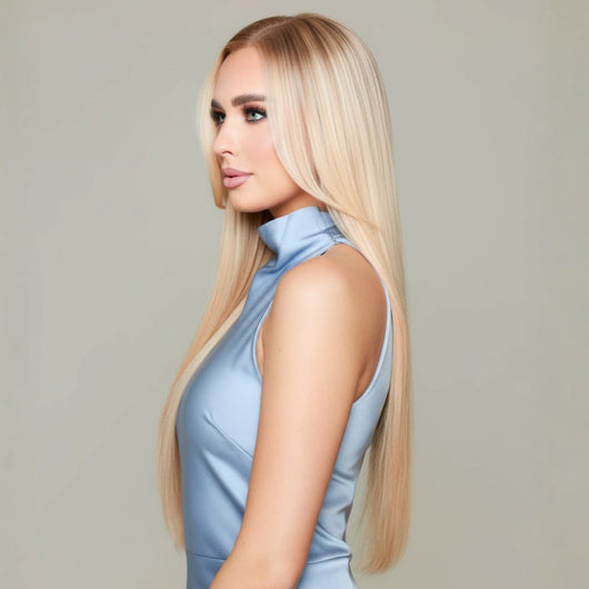 20 inch Celestial Beach Blonde clip in hair extensions shown in sleek straight side profile