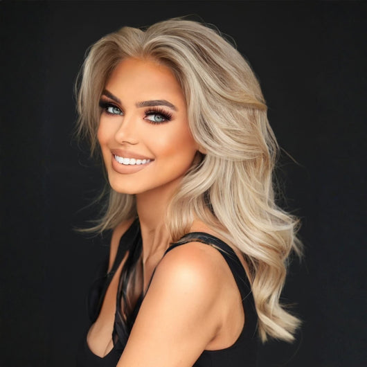 12 inch Celestial Beach Blonde clip in hair extensions styled with volume and layered blend