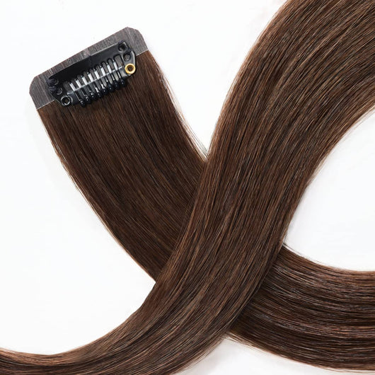 Close-up of secure clip on Decadent Chocolate Brown clip-in hair extensions designed for comfortable all-day wear