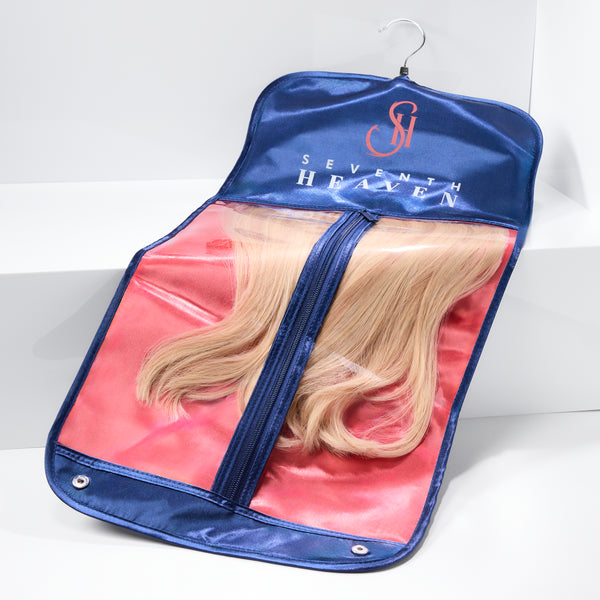 Open Venetian Vertical Satin Hair Extension Hanger Bag showcasing organized clip-in extensions. Functional design with ample storage space.