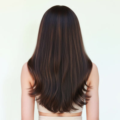 Back view of 16 inch Golden Chocolate Brown clip-in hair extensions showing natural length and fullness