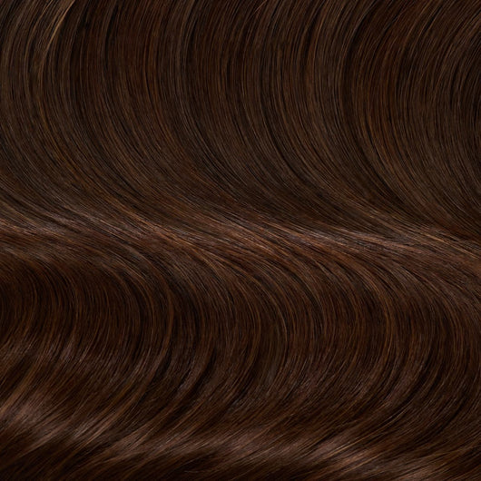 Close-up swatch of Golden Chocolate Brown clip-in hair extensions showing rich brunette tones