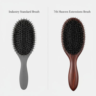 Comparison showing industry standard hair brush versus 7th Heaven extensions brush designed for safer extension care