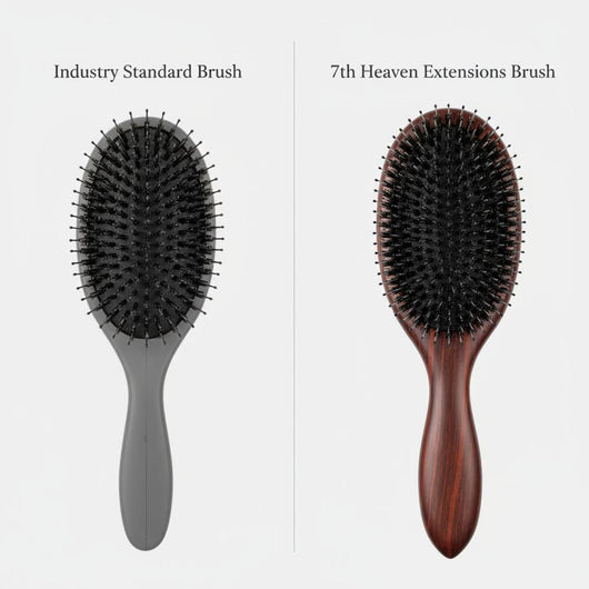 Comparison showing industry standard hair brush versus 7th Heaven extensions brush designed for safer extension care