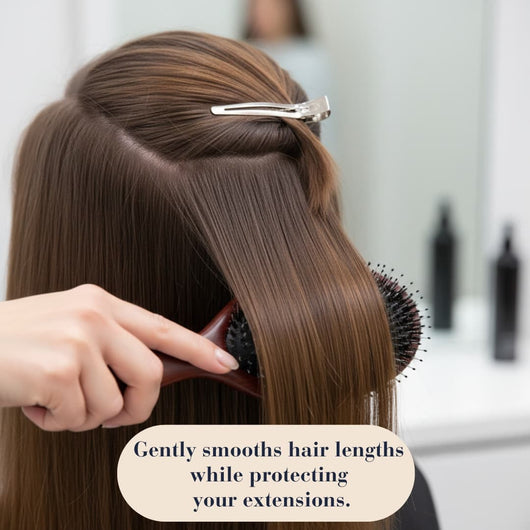 Woman holding 7th Heaven hair extensions brush designed for gentle detangling and extension care