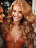 Model wearing Majestic Ginger clip-in hair extensions from Seventh Heaven, showcasing rich, dimensional ginger waves for a glamorous, radiant look at a special event.