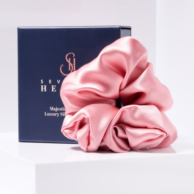 Blush pink mulberry silk scrunchie with smooth satin finish and Seventh Heaven packaging