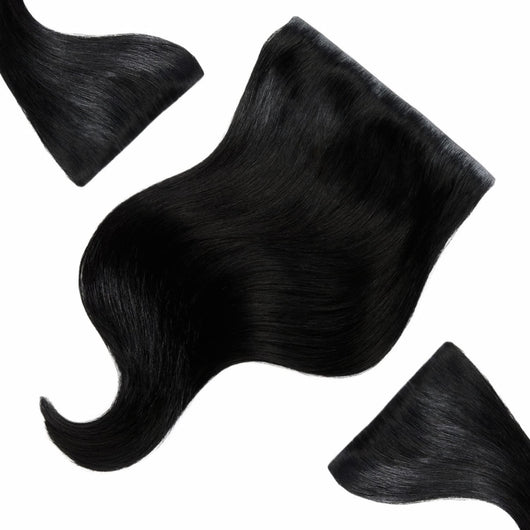 16 inch Midnight Mystique black clip in hair extensions mini set showing smooth, glossy texture and natural wave pattern