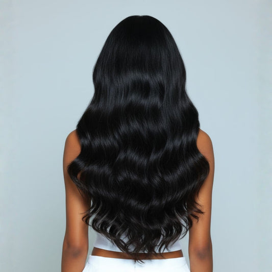Back view of 20 inch Midnight Mystique black clip in hair extensions with thick, cascading length