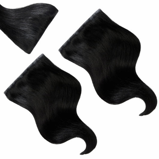 20 inch Midnight Mystique black clip in hair extensions mini set featuring long, sleek strands with rich jet black shine