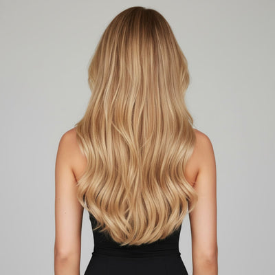Back view of 16 inch Mystical Mixed Golden Blonde clip-in hair extensions showing natural blend and fullness