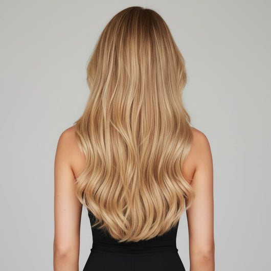 Back view of 16 inch Mystical Mixed Golden Blonde clip-in hair extensions showing natural blend and fullness