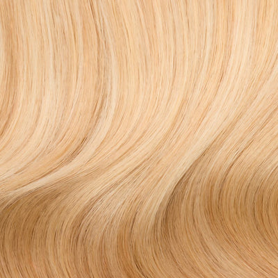 Close-up swatch of Mystical Mixed Golden Blonde clip-in hair extensions showing multi-dimensional golden blonde tones