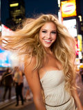 Model wearing Mystical Mixed Golden Blonde clip-in hair extensions from Seventh Heaven, showcasing voluminous, sun-kissed hair in a vibrant city night setting.